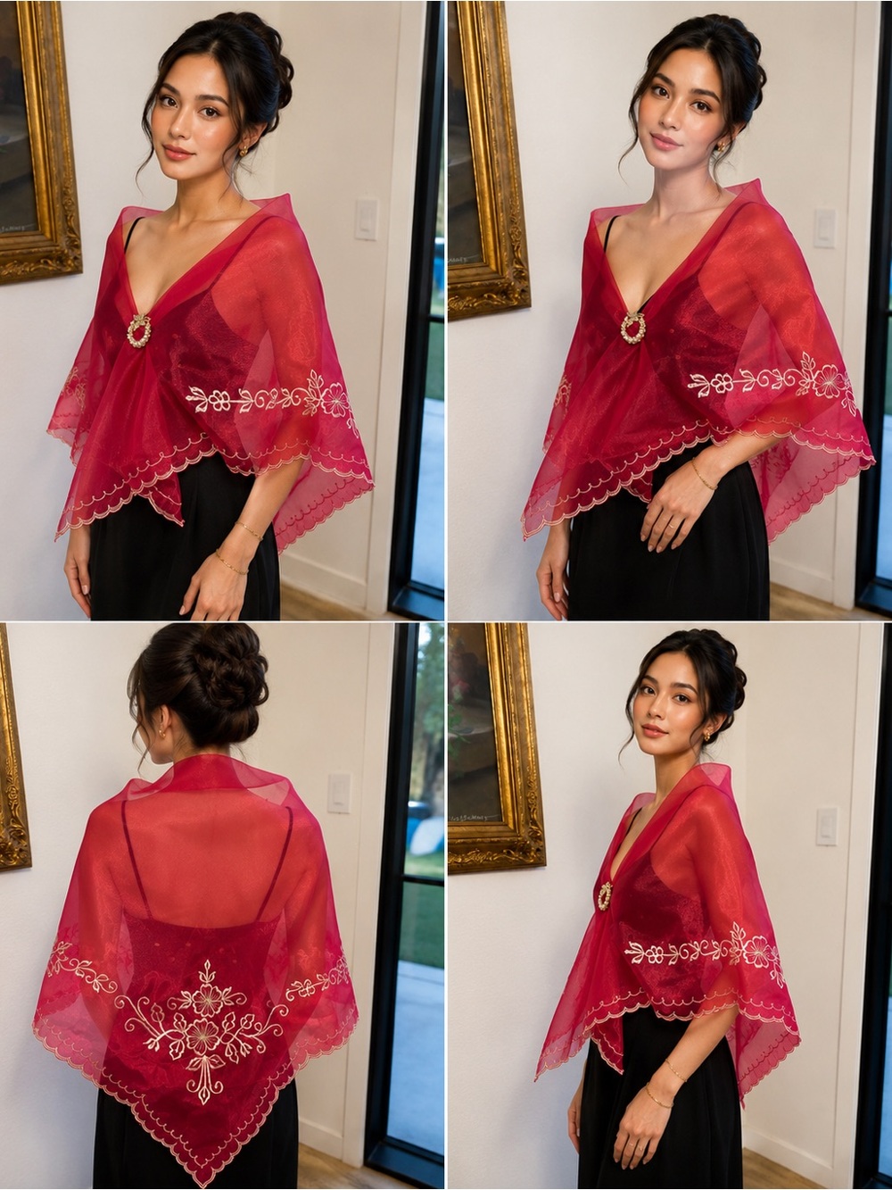 Filipiniana Alampay Sheer Embroidered Maroon Wrap Shawl - Elegant Evening Wear